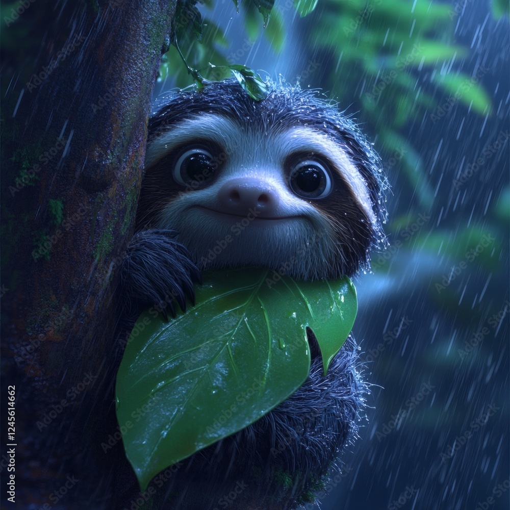 Aufkleber grumpy sloth clings to a tree barely awake shielding itself from heavy rain with a giant jungle leaf