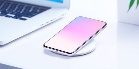 A phone charging wirelessly on wireless charging pad, beside laptop, office desk