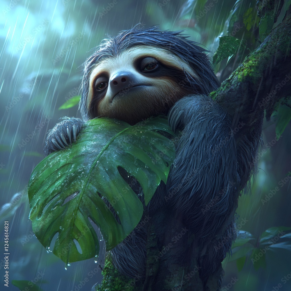 Poster grumpy sloth clings to a tree barely awake shielding itself from heavy rain with a giant jungle leaf