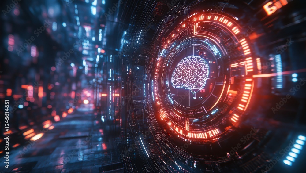 Poster futuristic digital brain concept with neon lights and technology elements depicting artificial intel
