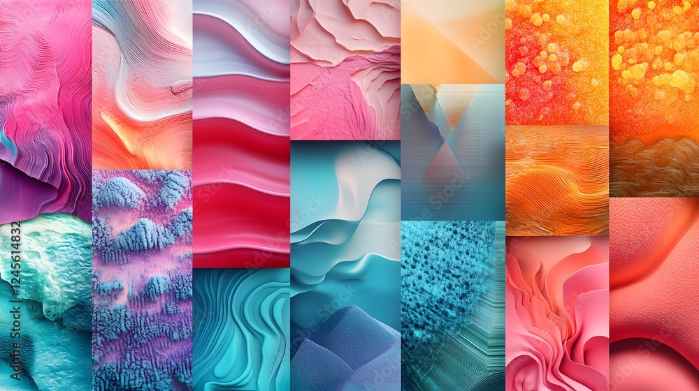 Poster abstract vibrant background with multi-layered simulations and visual effects in various colors and 