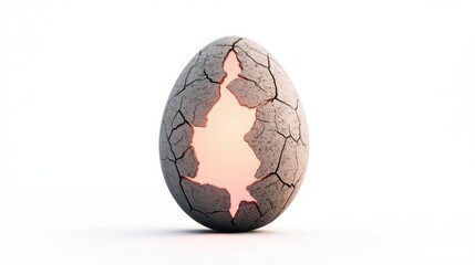 A cracked egg with a glowing interior, symbolizing potential and new beginnings, set against a plain background.