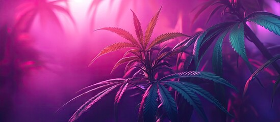 Vibrant pink and purple lights illuminate healthy green cannabis plant leaves in a dim atmosphere showcasing lush growth and depth details.