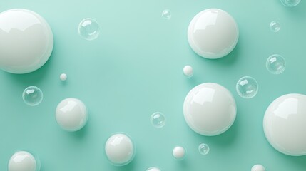White spheres, bubbles, teal background, product display