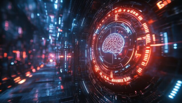 Futuristic Digital Brain Concept with Neon Lights and Technology Elements Depicting Artificial Intelligence and Data Processing in a Cyber Environment