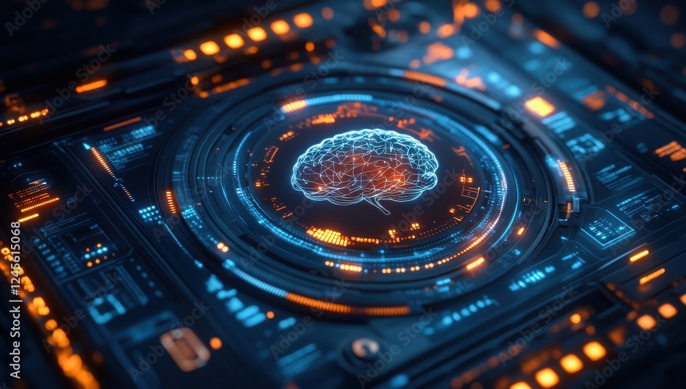 Poster futuristic digital brain interface with circuits and neon lights representing neural connections and