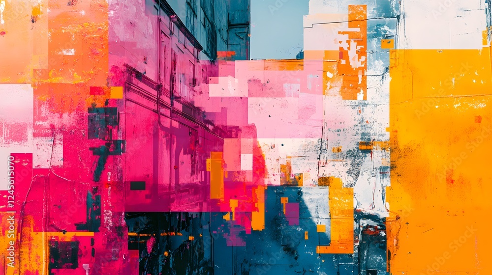 Poster painting of a vibrant city street with red and yellow block and multi-layered visual simulations dis