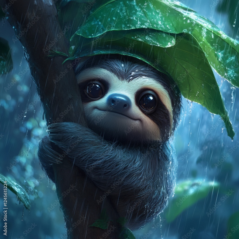 Aufkleber grumpy sloth clings to a tree barely awake shielding itself from heavy rain with a giant jungle leaf