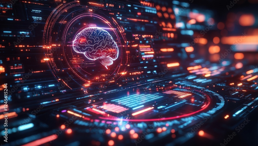 Poster futuristic digital brain interface with glowing circuits and vibrant technology elements, showcasing
