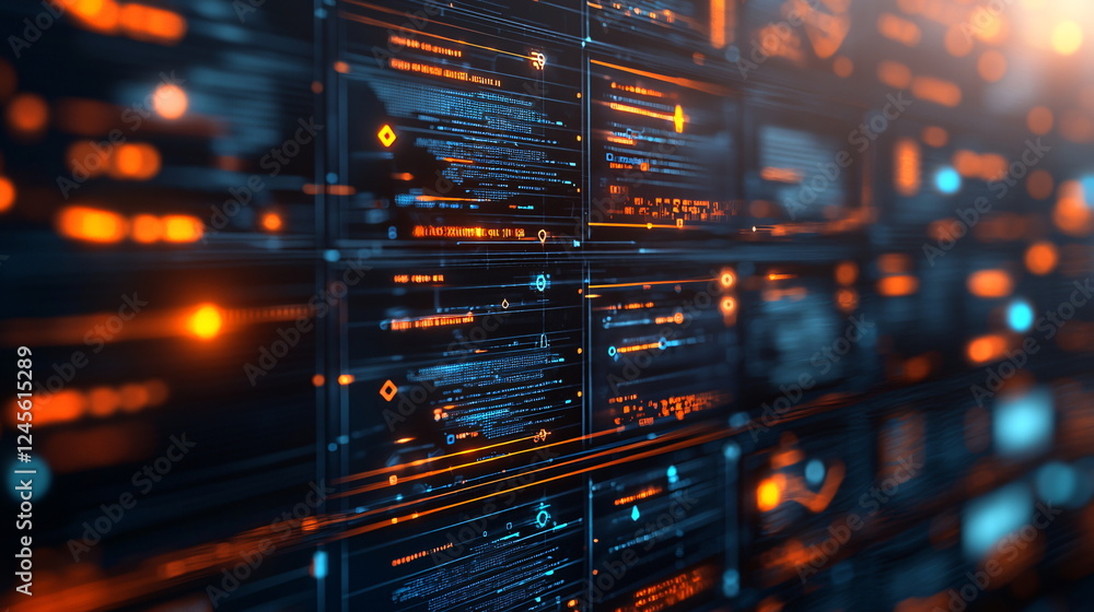 Poster neon data panels illuminated with glowing orange and blue lines, interconnected digital displays aga