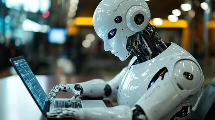 Fototapeta premium Robot working laptop futuristic office coding