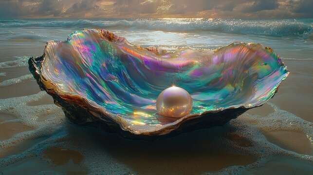Iridescent Oyster Shell Holds Precious Pearl On Beach