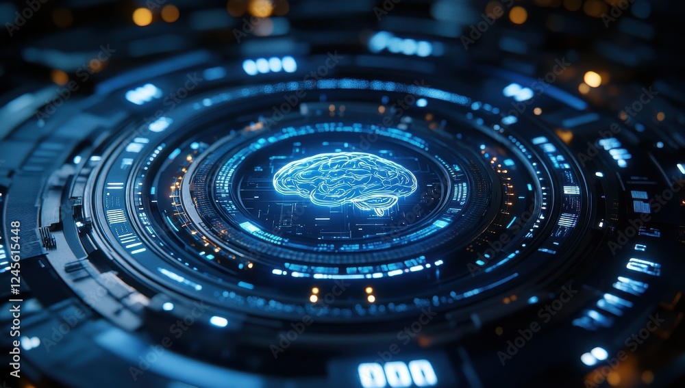 Poster futuristic digital brain interface with technology elements and data circuits in a virtual backgroun