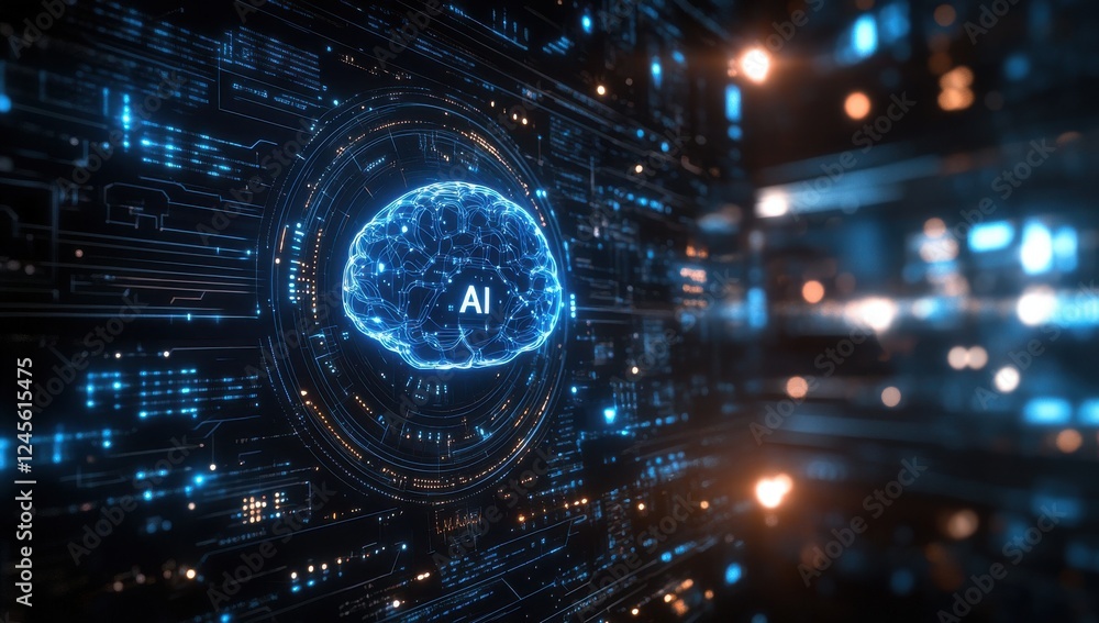 Poster futuristic digital brain representation with ai concept surrounded by data streams and glowing conne