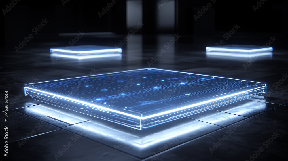 Poster futuristic glowing platform with intricate designs on a reflective black floor in a dimly lit, high-