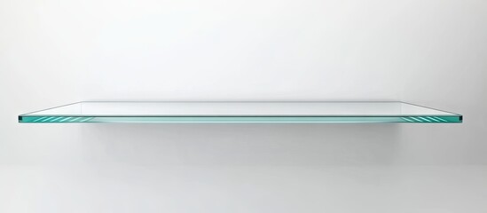 Glossy white glass display shelf with clear edges positioned centrally against a clean white background ideal for showcasing merchandise.