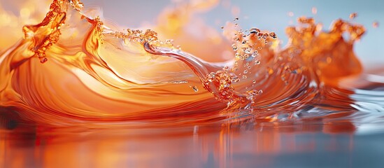 Abstract fluid waves in vibrant orange hues ripple and splash against a soft blue background, showcasing dynamic textures and captivating movement.