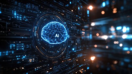 Obraz premium Futuristic Digital Brain Representation with AI Concept Surrounded by Data Streams and Glowing Connections