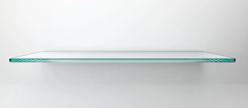 Glossy white glass display shelf with clear edges positioned centrally against a clean white background ideal for showcasing merchandise. - Powered by Adobe