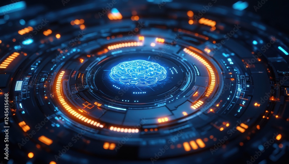 Poster futuristic digital brain representation with glowing circuits and technology elements in a sci-fi in