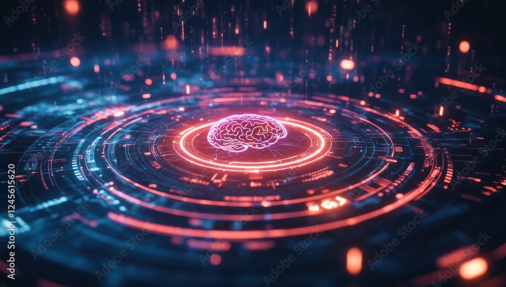 Poster futuristic digital brain surrounded by glowing neon circuits and data streams, representing artifici