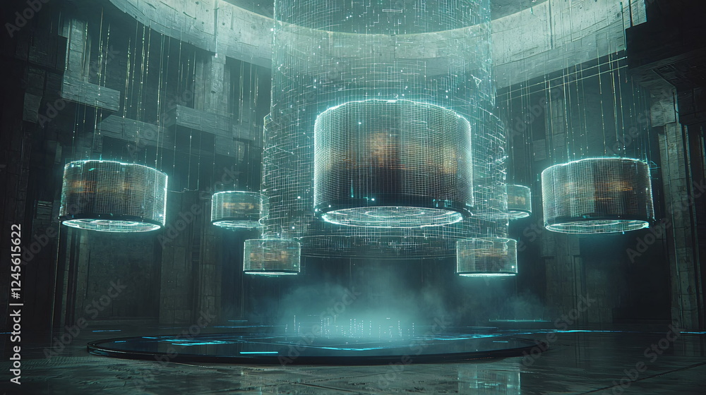 Aufkleber floating holographic structures within a futuristic, dimly lit environment featuring glowing circula