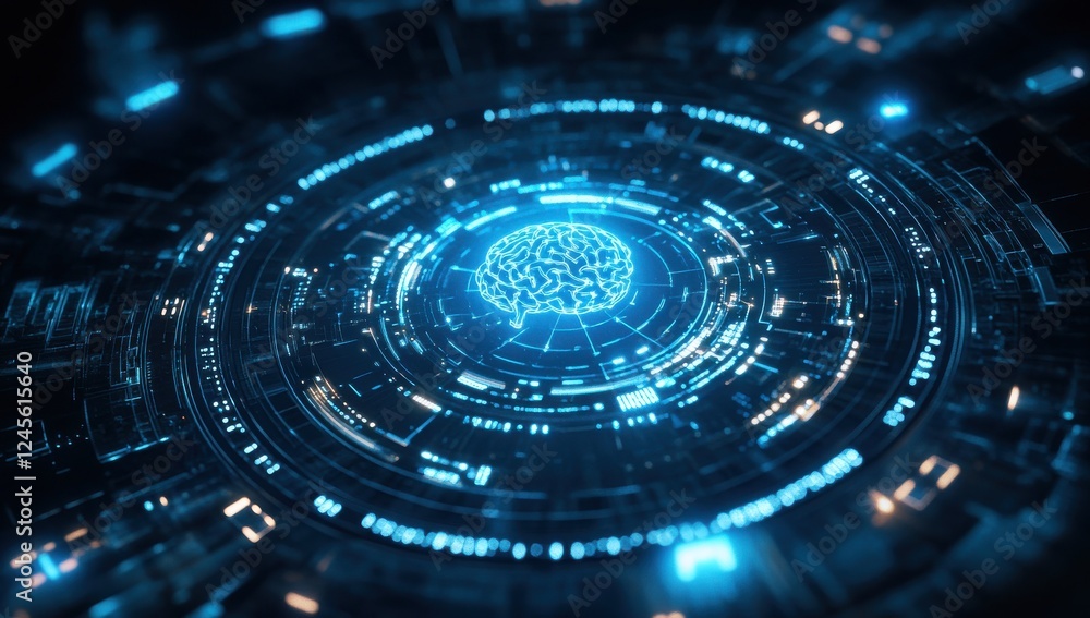 Poster futuristic digital brain visualization with abstract circuit patterns and blue glowing elements for 