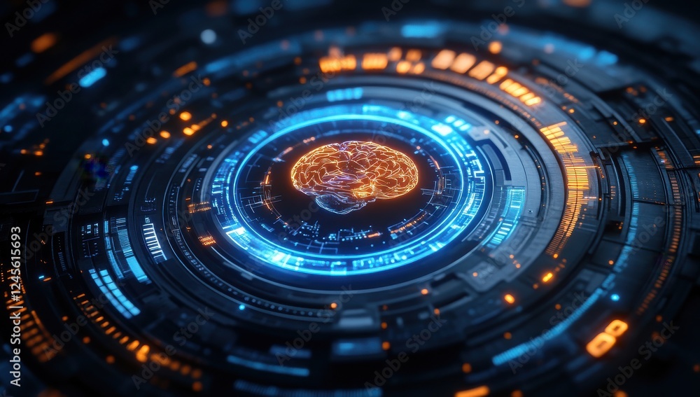 Poster futuristic digital brain visualization with high-tech circuit patterns and glowing elements for inno