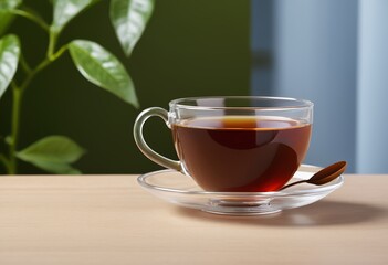 Fototapeta premium A bowl of hot black tea is placed on the indoor table