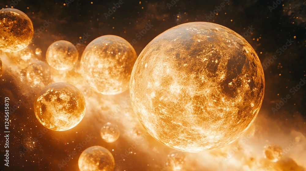 Poster group of yellow spheres floating in space with luminescent planets shining vividly in the background