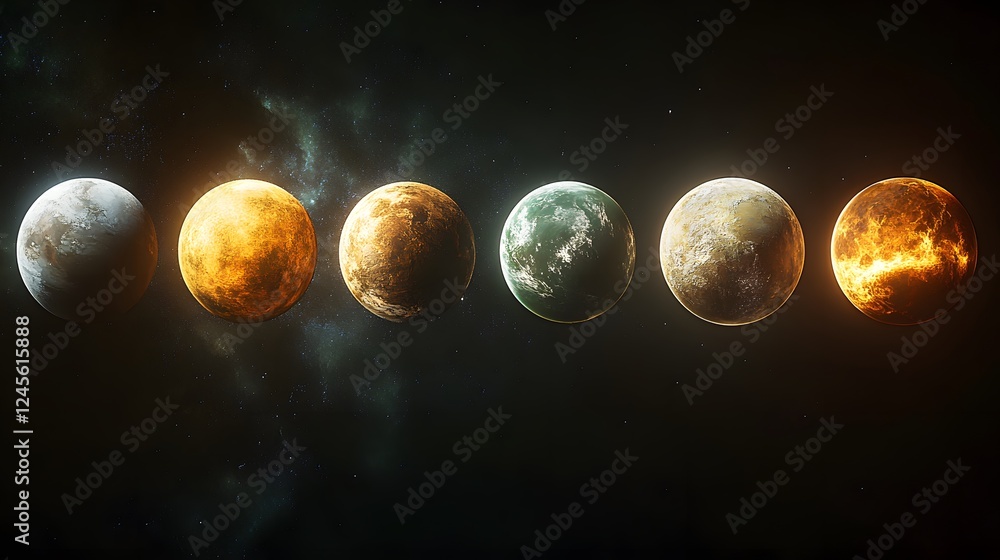 Poster luminescent planets aligned in space with vivid colors and dark cosmic background