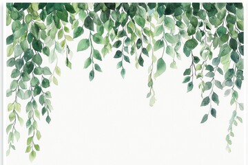 A lush arrangement of green leaves hanging down against a soft white background, creating a fresh and peaceful botanical ambiance.