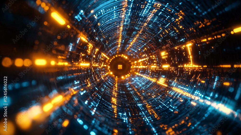 Aufkleber glowing blue and orange lights swirling in a tunnel with a futuristic digital design and vibrant ene