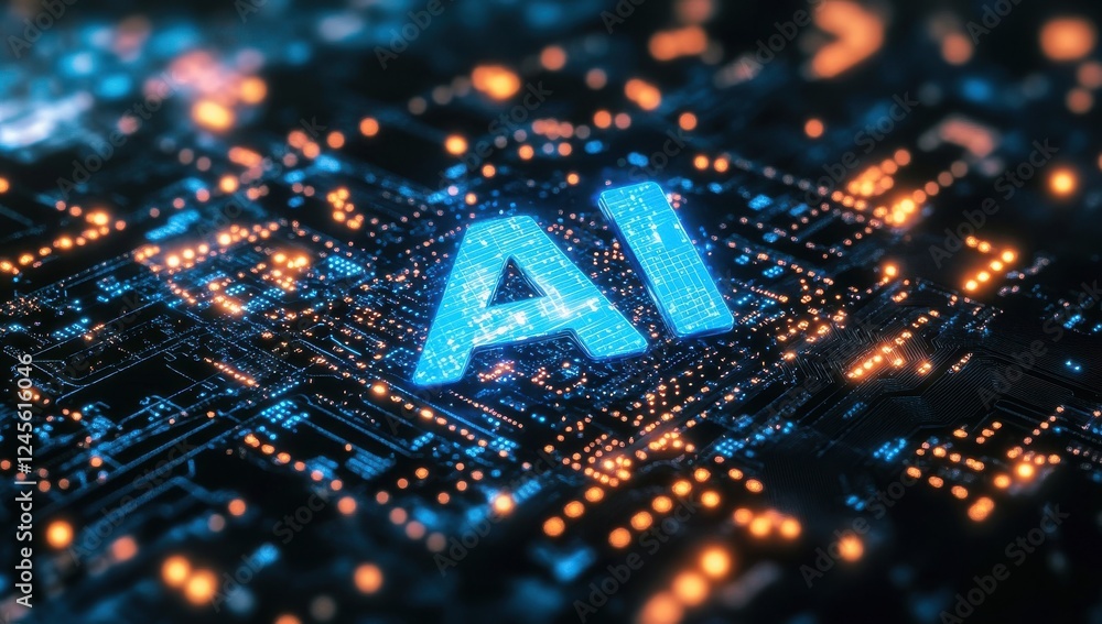 Poster futuristic digital circuit board background with glowing lines and blue ai letters showcasing advanc
