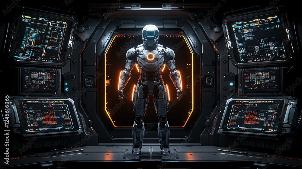 Aufkleber futuristic robot standing in a high-tech control room with glowing screens, surrounded by advanced t