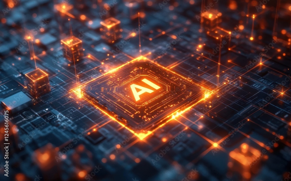 Poster futuristic digital circuit board with glowing ai processor in a matrix of advanced technology and da