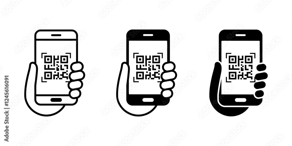 Fototapete qr code scan icon. mobile phone scanning qr code vector. hand holding a phone with scanner symbol. v