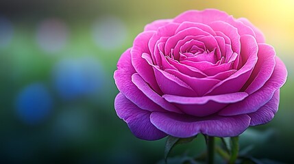 Close-up of a vibrant pink rose in a lush garden, softly illuminated by morning light