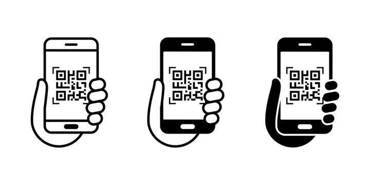 QR code scan icon. Mobile phone scanning QR code vector. Hand holding a phone with scanner symbol. Vector illustration.