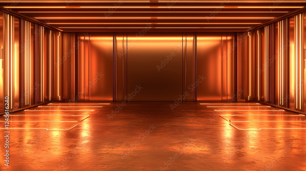 Poster illuminated empty room with glowing orange neon lights and reflective surfaces creating a modern, fu