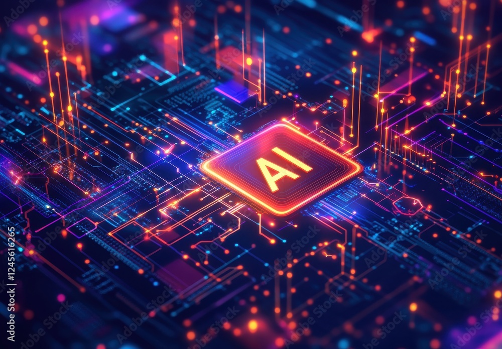 Aufkleber futuristic digital circuit board with vibrant neon lights showcasing artificial intelligence concept