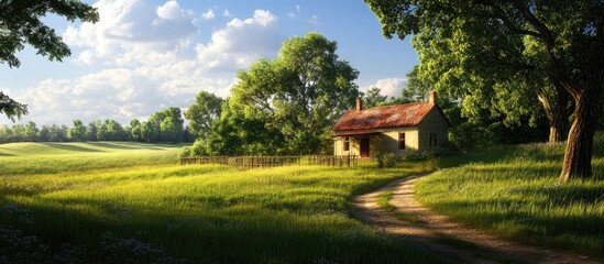 Charming countryside cottage nestled among lush green trees and a vast meadow with a winding dirt path under a bright blue sky.