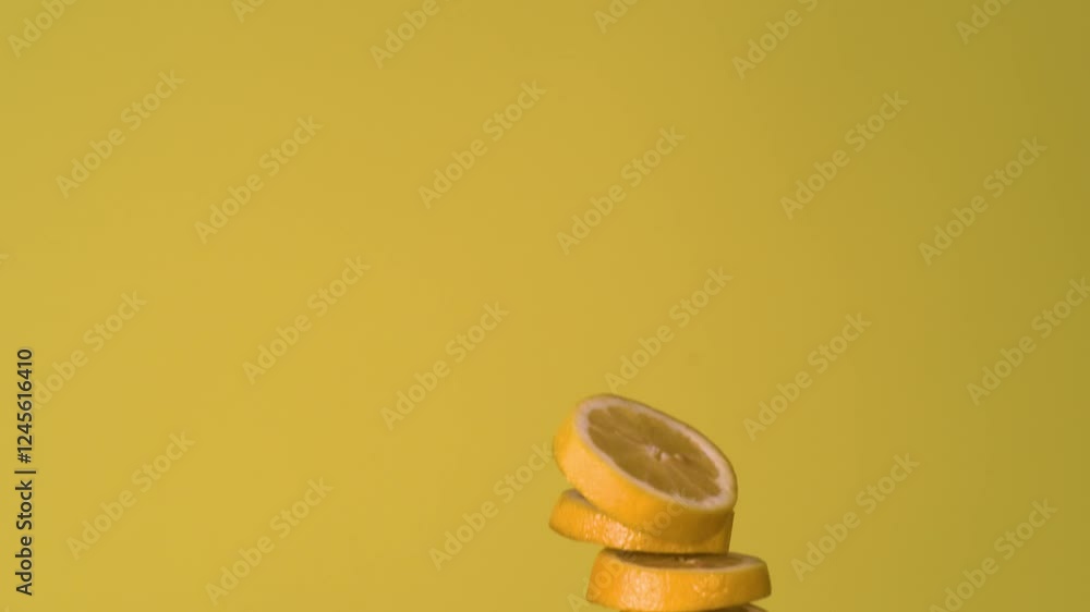 Poster lemon slices coming into frame from below in super slow motion