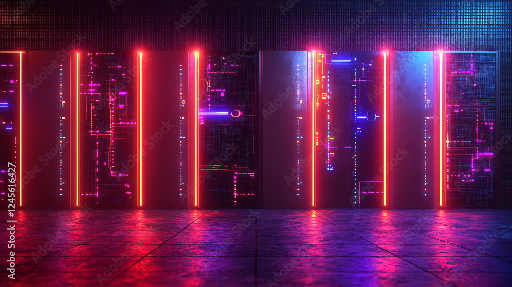 Poster neon-lit digital backdrop with vibrant colors, intricate circuit patterns, and a futuristic aestheti