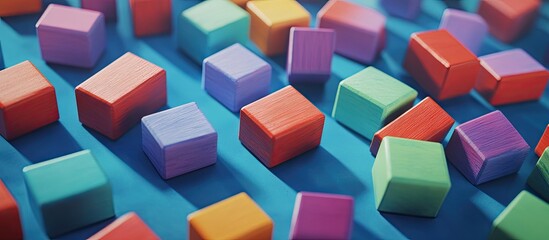 Colorful wooden blocks scattered on a blue surface with vibrant hues including pink, green, and purple, creating a playful and dynamic assembly scene