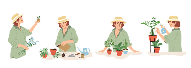Lively set of joyful woman caring for potted plants, showcasing home gardening and houseplant care. Flat vector illustration highlights trend of nurturing greenery indoors isolated on white background