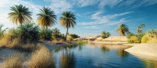 Obraz premium Lush oasis landscape with palm trees on the left and right, serene water reflecting blue sky, warm sandy terrain and greenery in bright sunlight.