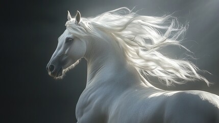 Naklejka premium Majestic white horse standing gracefully against a dramatic dark background with flowing mane illuminated by soft light