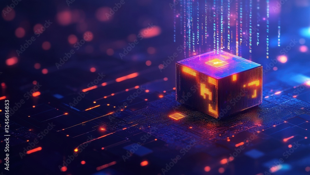 Aufkleber futuristic digital cube emanating data streams in glowing vibrant colors on a dark technology backgr