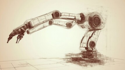 Fototapeta premium Robotic arm sketch, mechanical design, engineering.